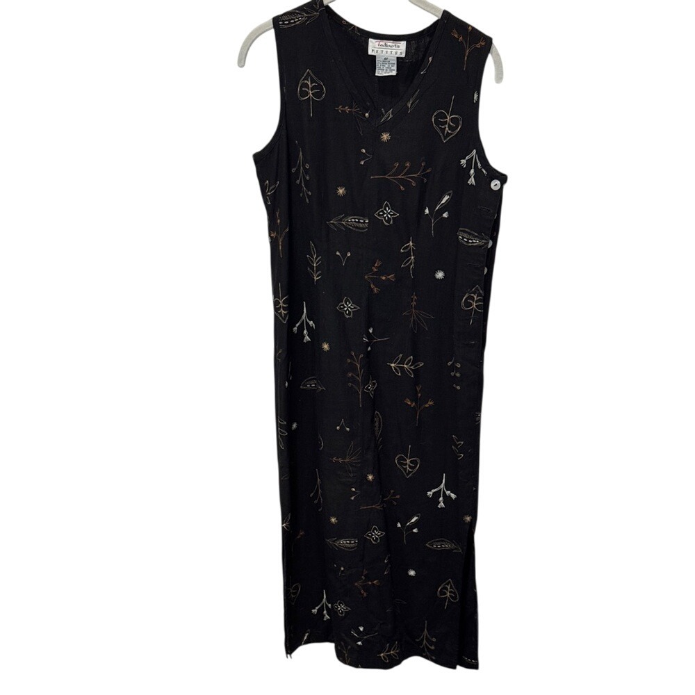 Talbots Petites Black Linen Rayon Sleeveless Floral Print Midi Dress 4P
